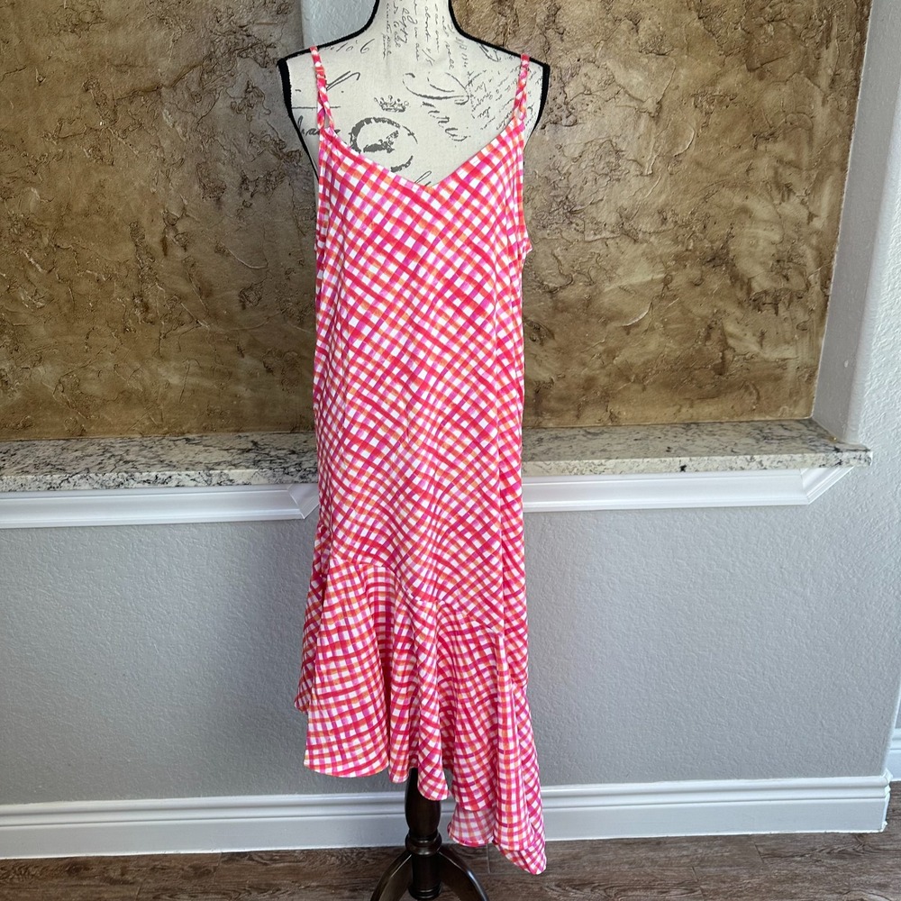 NWT Tommy Bahama Harbour Island Ruffle Dress Medium Gingham Pink Cruise Vacation - Picture 2 of 11